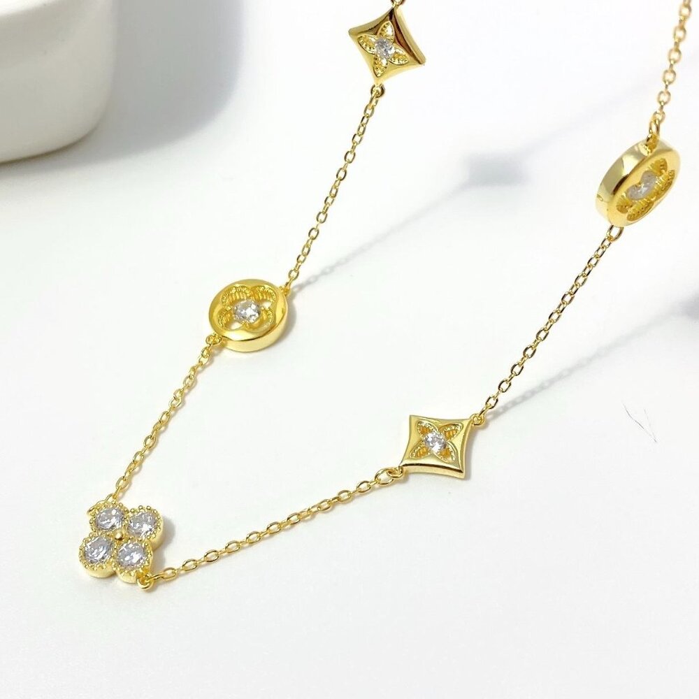 5-station necklace 18KY Gold Plated or Rhodium Plated over 925 Sterling silver - Picture 3 of 3